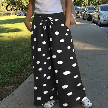 

Celmia Fashion Women Wide Leg Pants Casual Long Elastic Waist Trousers Autumn Polka Dot Printed Loose Vintage Pantalon Plus Size