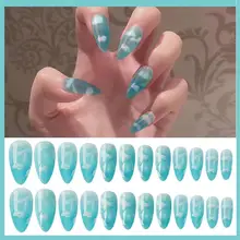 24 Teile/satz Blauen Himmel Weißen Wolke Muster Design Falsche Nagel Französisch Stiletto Volle Abdeckung Gefälschte Nägel Kleber DIY Maniküre Nagel kunst Werkzeuge