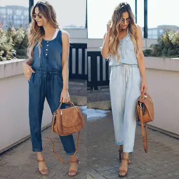 

Brand New Women Summer Solid Sleeveless Denim Jumpsuit Long Trousers Clubwear Rompers Trousers Overalls Navy Blue