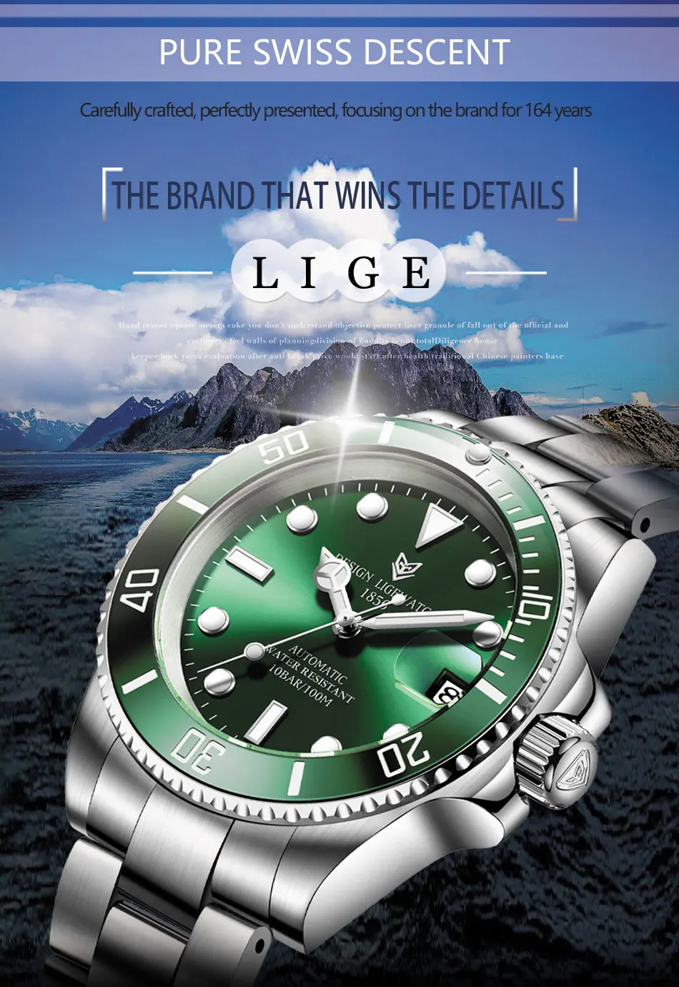 Lige 2021新しい男性機械式腕時計ステンレス鋼100ATM防水時計トップ 