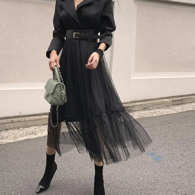 

Fall Winter Women Work Office Blazer Dresses Casual Notched Collar Long Sleeve Dress Patchwork Mesh Midi Dresses