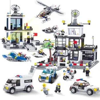 

Police Station Prison Van Building blocks Figures Compatible Lepining City Helicopter DIY Enlighten Bricks Toys For Children