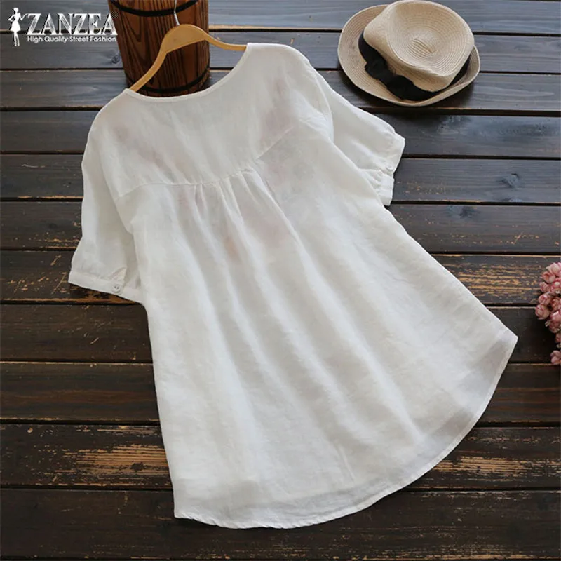  Women's Embroidery Blouse 2019 ZANZEA Kaftan Linen Tops Button Floral Blusas Female Short Sleeve Sh