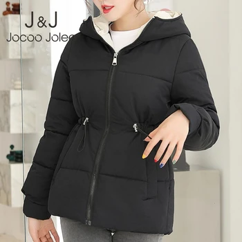 

Jocoo Jolee Women Winter Solid Harajuku Jackets Causal Hooded Warm Coats Short Cotton-padded Outwear Drawstring Waist Slim Coats