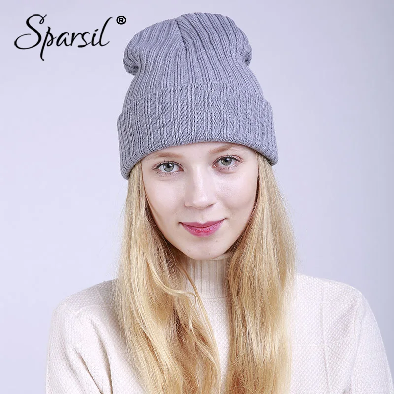 

Sparsil Women Autumn Winter Knitted Cap Solid Color Straight Stripe Warm Double Layer Beanies Hip Hop Colorful Bonnet Hat Female