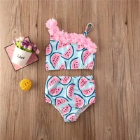 1-5Years Toddler Baby Girls Swimsuits Watermelon Print One Shoulder Flower Strap Sleeveless Bikini 2023 Girl Summer Swimwear 1