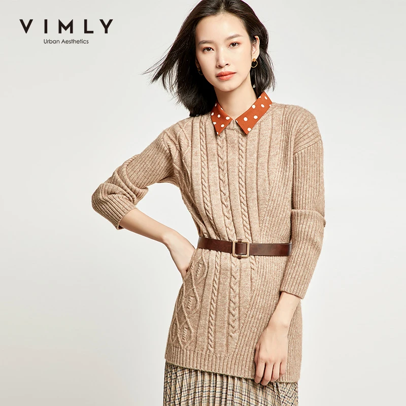 Vimly 2020 Autumn Winter Women Knit Sweater Vintage Solid Round Neck Loose Twist OL Style Elegant Female Long Pullover Top 99160 | Женская