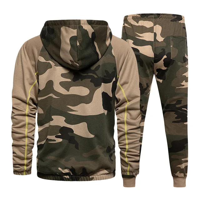 Ensemble survêtement style militaire pour homme, vêtement 2 pièces de camouflage avec veste à capuche et pantalon jogging, mode sport, tenue d'hiver 2