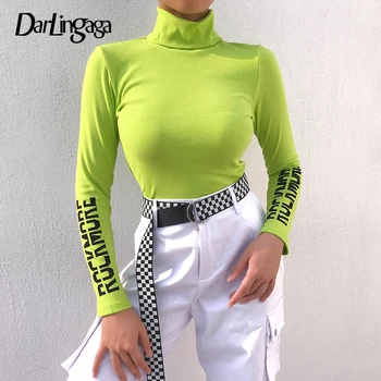 

Darlingaga Fashion Turtleneck Neon Top Women T shirt Autumn Long Sleeve Bodycon Crop Tops Tees Letter Printed Tshirt Basic Shirt