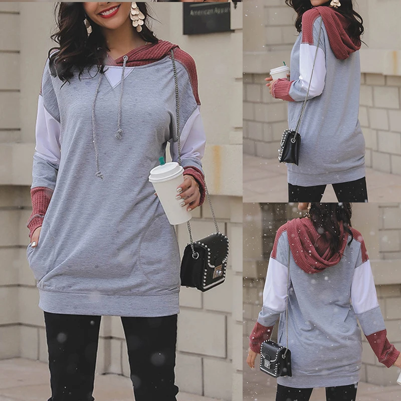 

Women Long-Sleeved Hoodies Warm Coat Contrast Color Sweater Pullovers Autumn Winter Casual Loose Jacket Sports Tops for Female