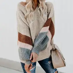 Осенне-зимний женский вязаный пуловер с v-образным вырезом и длинным рукавом