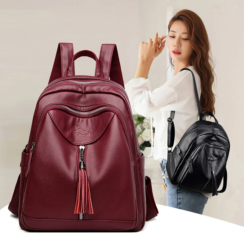 

Big Tassels Lychee Pattern Women Backpack Retro Designer Lady Leather Back Bag Female Large Elegant Pendant Travel Bagpack 2020