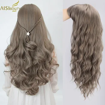 

AISI Beauty Long Water Wave Grey Synthetic Wigs for Women with Bangs Black Brown Pink Cosplay Natural Wigs