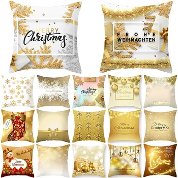 

1Pcs Golden Christmas Snow Pattern Cushion Cover Polyester 45*45cm Decorative Pillowcase New Year Sofa Home PillowCover 40996