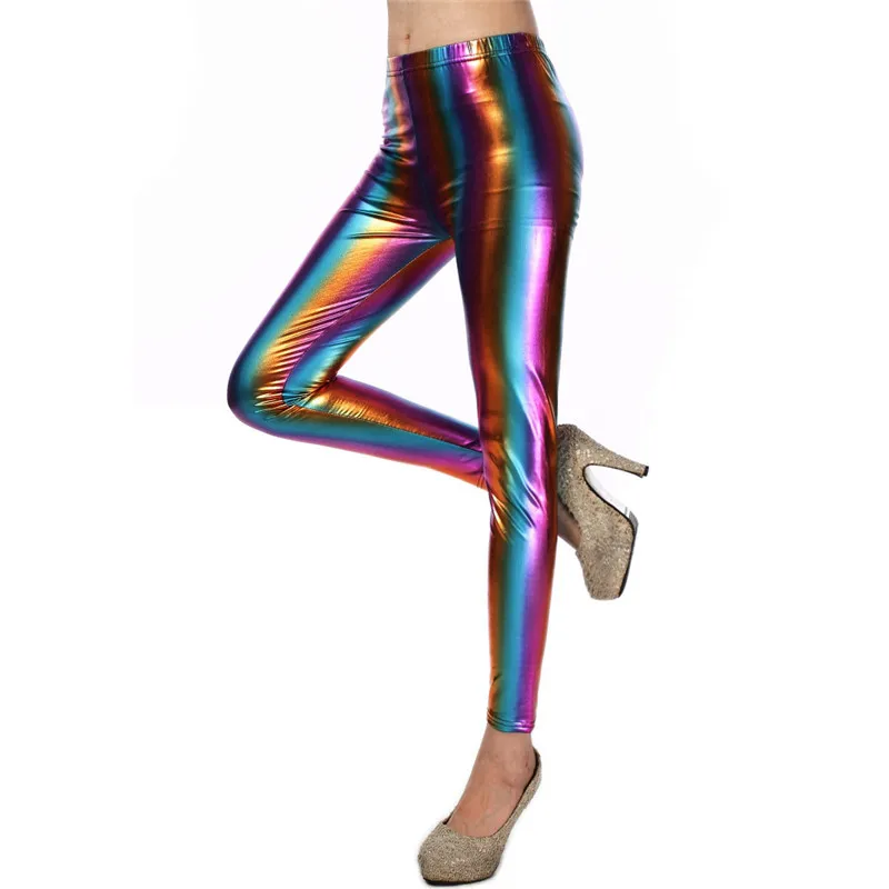 Glitter Holographic Pu Long Pants Rainbow Color Striped Elastic Pencil Pants Sexy Women Skinny Trousers Streetwear Fall