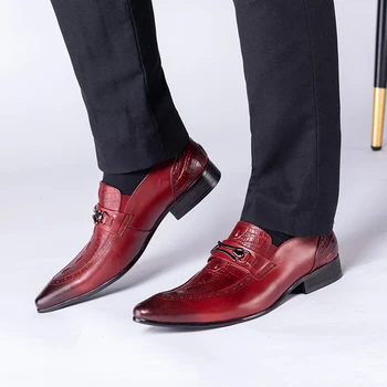 

ZGZJYWM Brand luxury Genuine Leather Men Black/Red Slip-On Crocodile Style Pointed Toe Business Dress Wedding Office Shoes