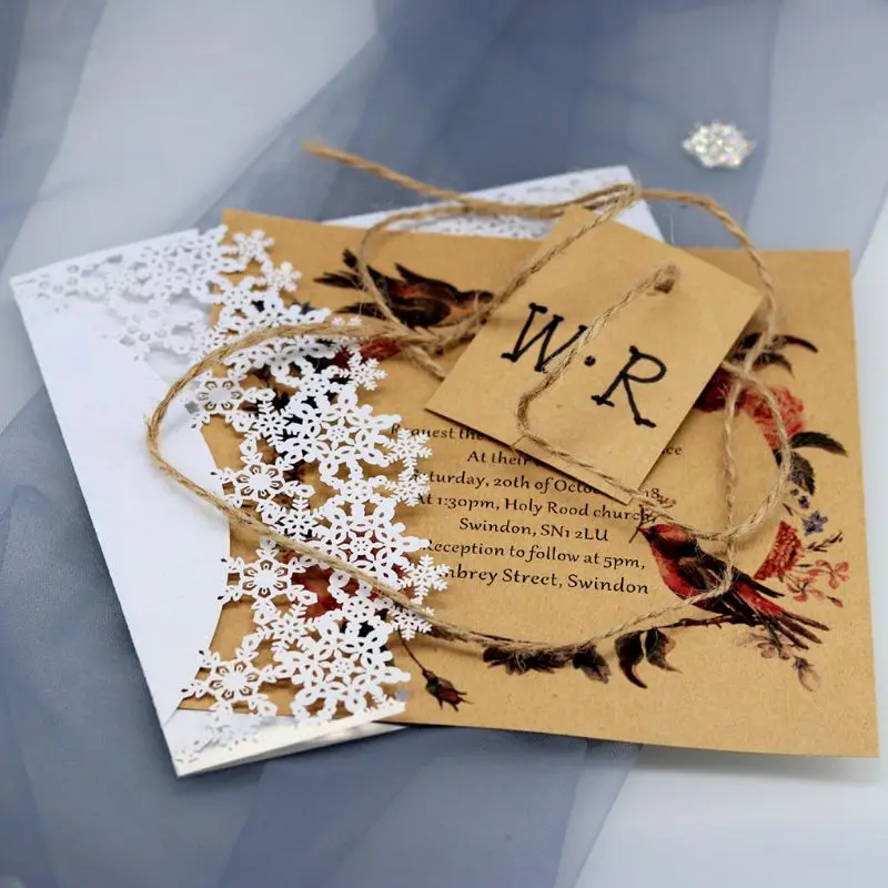 10pcs/set Snowflake Laser Cut Hollow Wedding invitations Cards Lace Hemp Rope Invite Envelopes For Engagement Bridal Shower E65B