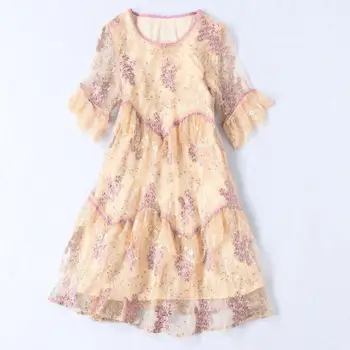 

Goodlishowsi Women 2020 Spring And Summer New Fresh Sweet Round Neck Mesh Embroidery Lace Dress