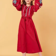 Красные длинные платья с длинными рукавами и поясом с цветочной вышивкой для детей; вечерние платья принцессы для девочек; детское платье для девочек