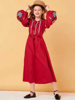 

floral embroidery with belt long-sleeve red long dresses for kids girl princess party children musilm girl dress