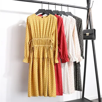 

2020 Spring Summer Women Chiffon Dresses Long Sleeve Beach Dress Vintage Floral Printing Elastic Wasit O-Neck Dress Vestidos