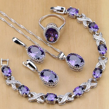 

Natural 925 Silver Jewelry Purple Cubic Zirconia White Crystal Jewelry Sets Women Earrings/Pendant/Necklace/Rings/Bracelet
