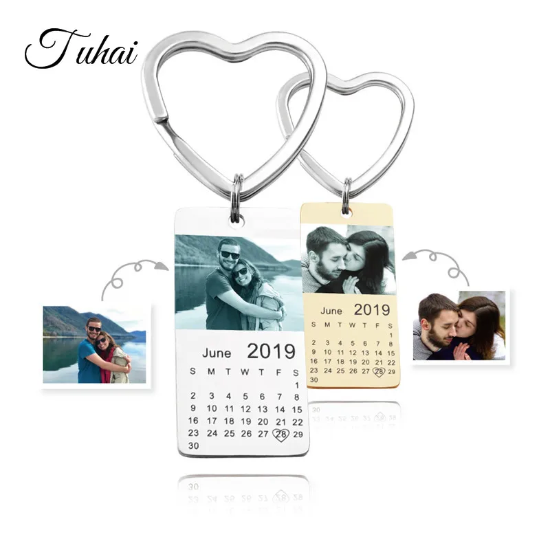 

Customized Stainless Steel Heart Calendar Keychain Personalized Silver Color Dog Tag Key Chain Engraving Picture Jewelry Gift