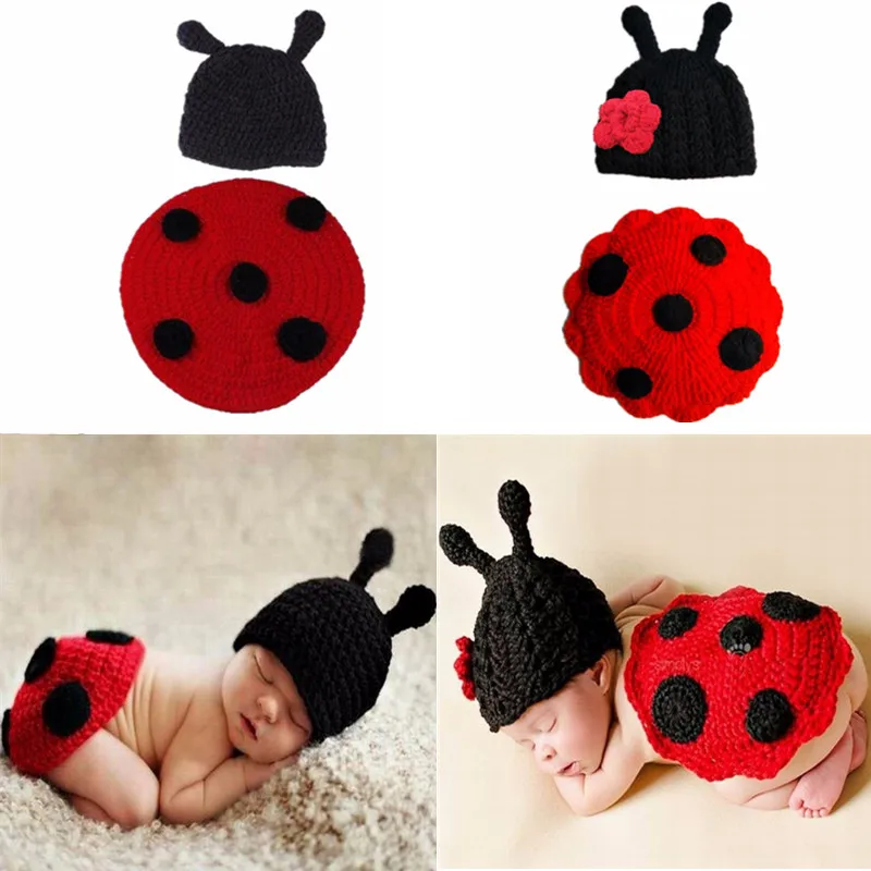 2 unids/set recién nacido mariquita traje accesorios de fotografía disfraz sombrero + capa de punto de ganchillo ropa bebé mono insectos ropa