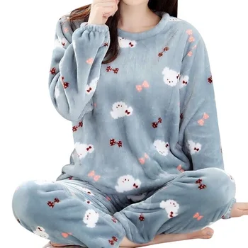 

Homewear 2020 Winter Flannel Thicken Long Sleeve Tops+ Pants Pajamas Set Christmas Velvet Pyjamas Set Sleepwear 2 Pieces Suits