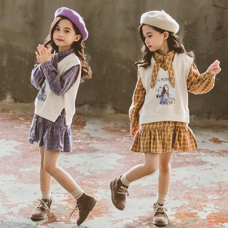 

Girls Spring And Autumn Set New Style Western Style Korean-style Shirt Dress Children Mid-length Hoodie Waistcoat Two-Piece Set