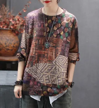 

Fashion Women Loose Tops Long Sleeves Round Neck Sweaters Casual Pullovers National Style Printed Sweater Women's pullover