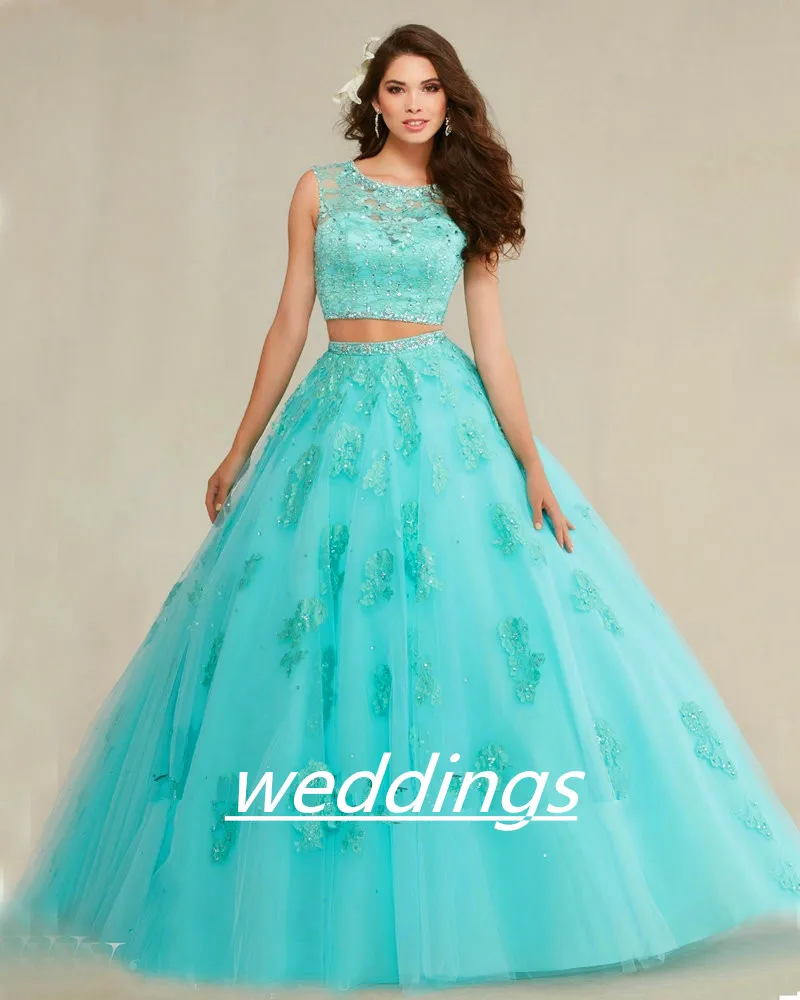 

89088 Navy Blush Aqua Blue Quinceanera Ball Gown 2018 Lace Applique Tulle 2 Piece See Through Back mother of the bride dresses