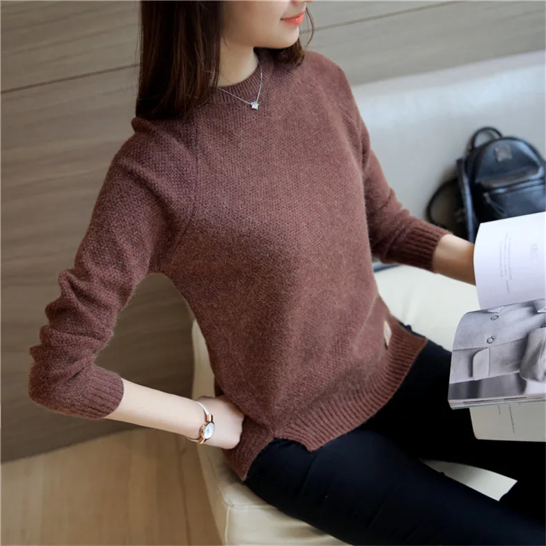 Женские топы и рубашки осень зима модный вязаный свитер футболка сплошной длинный рукав повседневный Свободный пуловер Женская рубашка