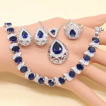 

XUTAAYI Water Drop 4PCS Jewelry Set Sterling Silver Blue Zircon Earrings Ring Necklace Pendant Bracelet For Women Gift Box
