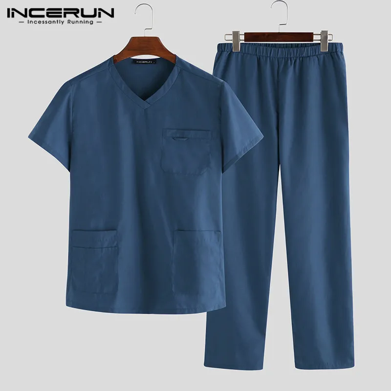 Tops Clothes-Sets Long-Pants Men Homewear Short-Sleeve Pockets INCERUN Casual Retro V-Neck