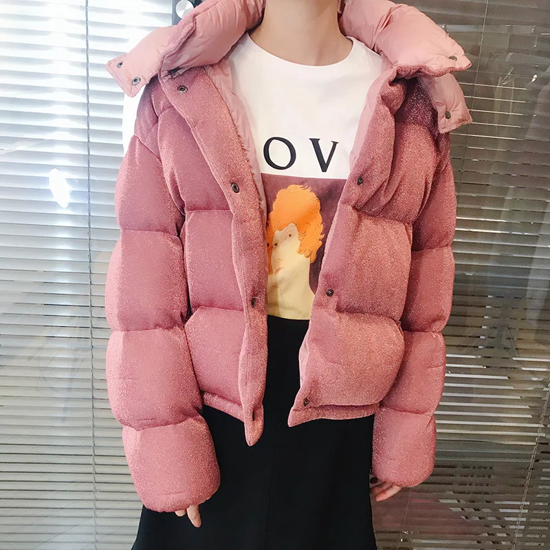 

Women's down jacket Thick Warm Velvet Removable Hooded Short Bling Pink Windproof Down Coat