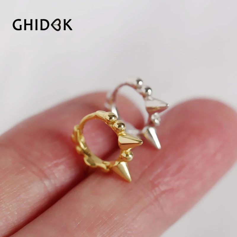 

GHIDBK Punk 925 Sterling Silver Triple Spikes Hoop Earrings Tiny Gold Beads Huggie Earring Minimalist Hoops Aros de Moda 2019
