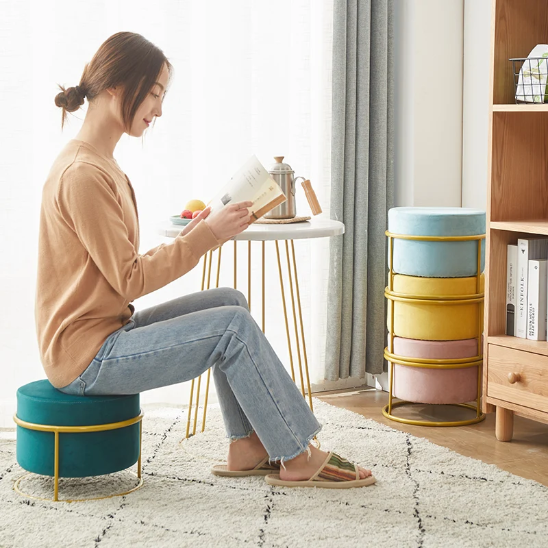 Nordic Luxury Living Room Height Adjustable Stool Velvet Chair Cover Solid Color Sofa Pedal Round Stools Ottoman Pouf