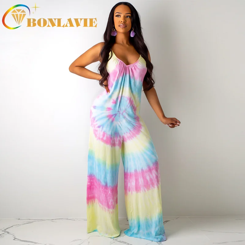 

Women Jumpsuit Wide Leg Trousers Strapless Sexy V-neck Openwork Printed Pants Fashion Pants Gradient Tie Dye Summer Jumpsuits