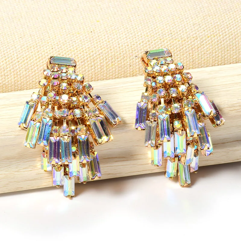 

Wholesale ZA New Studded With Full Colorful Crystals Chain Tassel Drop Earrings Hot Fine Jewelry Accessories For Women Christmas