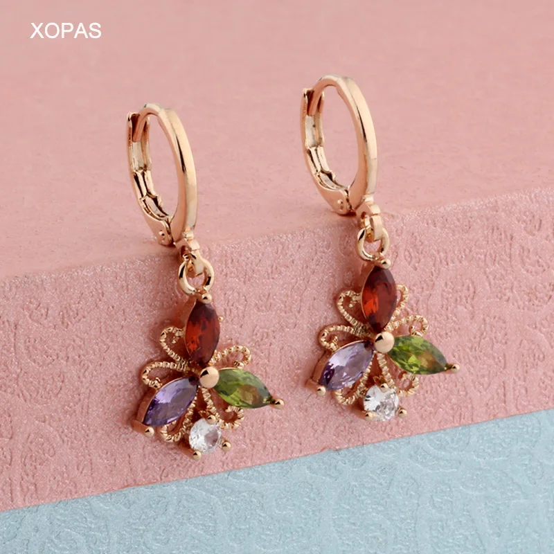 

2020 New Fashion Earrings MultiColor Zircon Stone Flowers Drop Earrings For Women Rose Gold color Copper Earrings jewelry gift