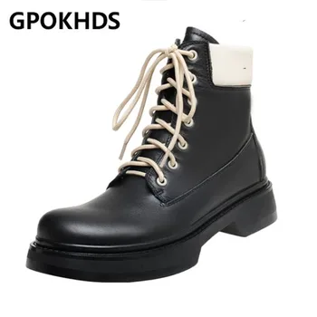 

GPOKHDS 2021 women ankle boots soft Cow leather winter short plush lace up round toe high heels equestrian boots party dress