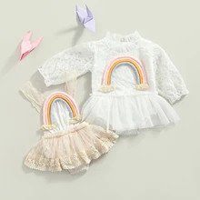 Barboteuse décontractée à motif arc en ciel pour bébés filles, vêtements pour enfants de 0 à 24 mois, à manches longues/sans manches, 1 pièce avec ourlet de jupe