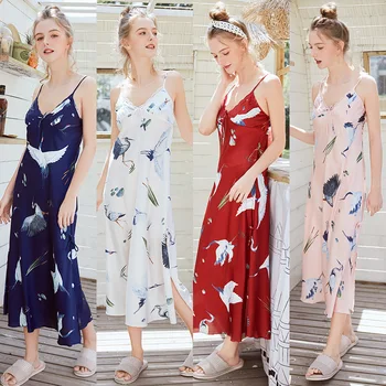 

Summer Women's Sleepwear Sexy Silk Robe Dress Ladies Long Crane Sling V-neck Nightdress Home Clothes