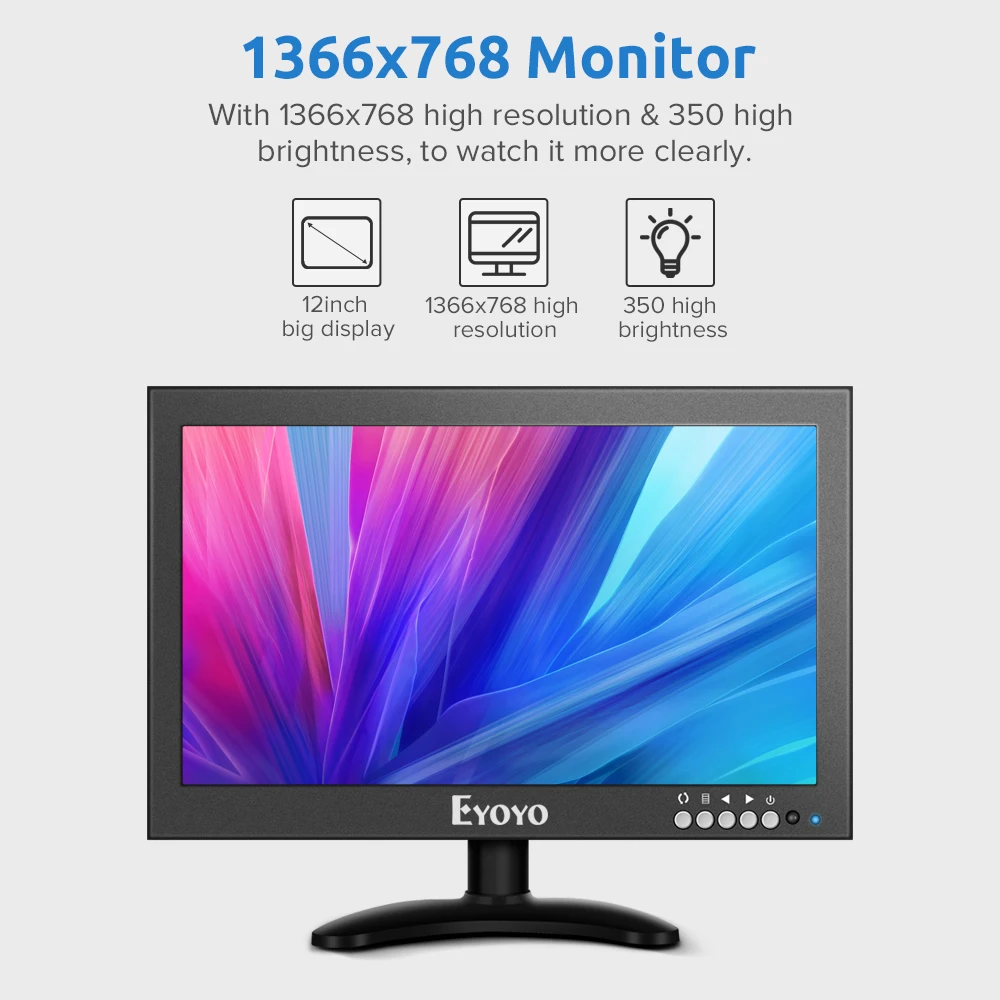 

Eyoyo 12 Inch HDMI IPS Panel Computer TV PC Monitor HD 1366x768 HDMI Screen With VGA AV BNC Video Audio Speakers Security Camera