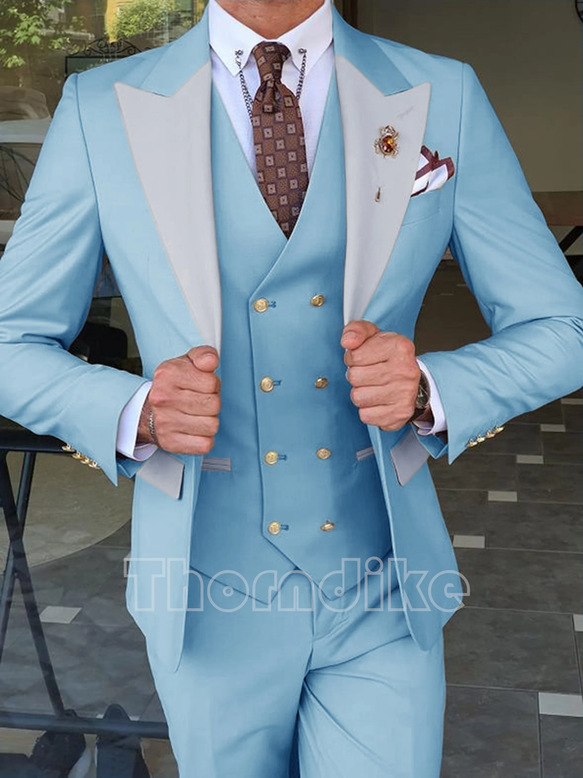 Thorndike Latest Design Silver Peak Lapel Men Suit Pink Custome Homme Fashion Blazer Slim Fit 3 Pieces (Jacket+Vest+Pants)
