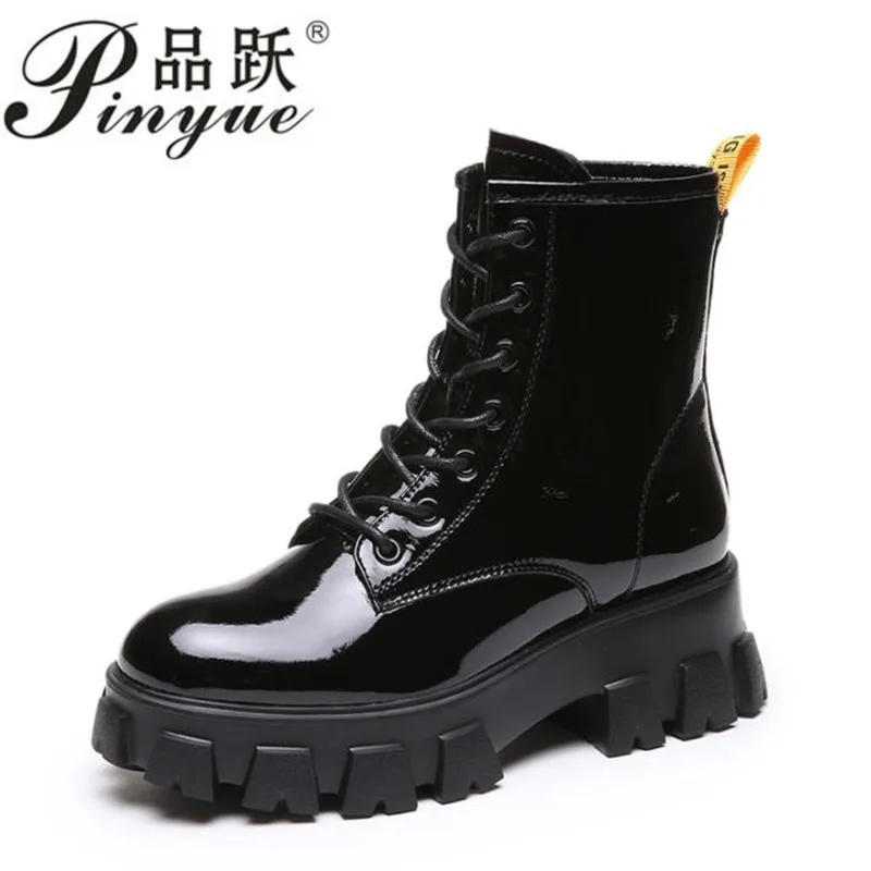 

2019 New Patent leather boots Women British Style Ankle Boots Gothic Punk Low Heel ankle Boot Winter Women Shoe Plus Size 40