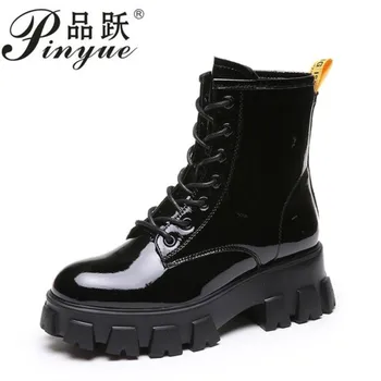 

2019 New Patent leather boots Women British Style Ankle Boots Gothic Punk Low Heel ankle Boot Winter Women Shoe Plus Size 40