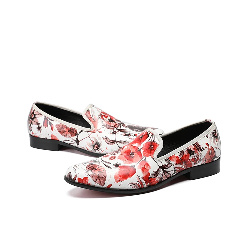 

White print flower slip-on oxford fashion falt leather pointed toe dress shoes for men outdoor Business casual shoes