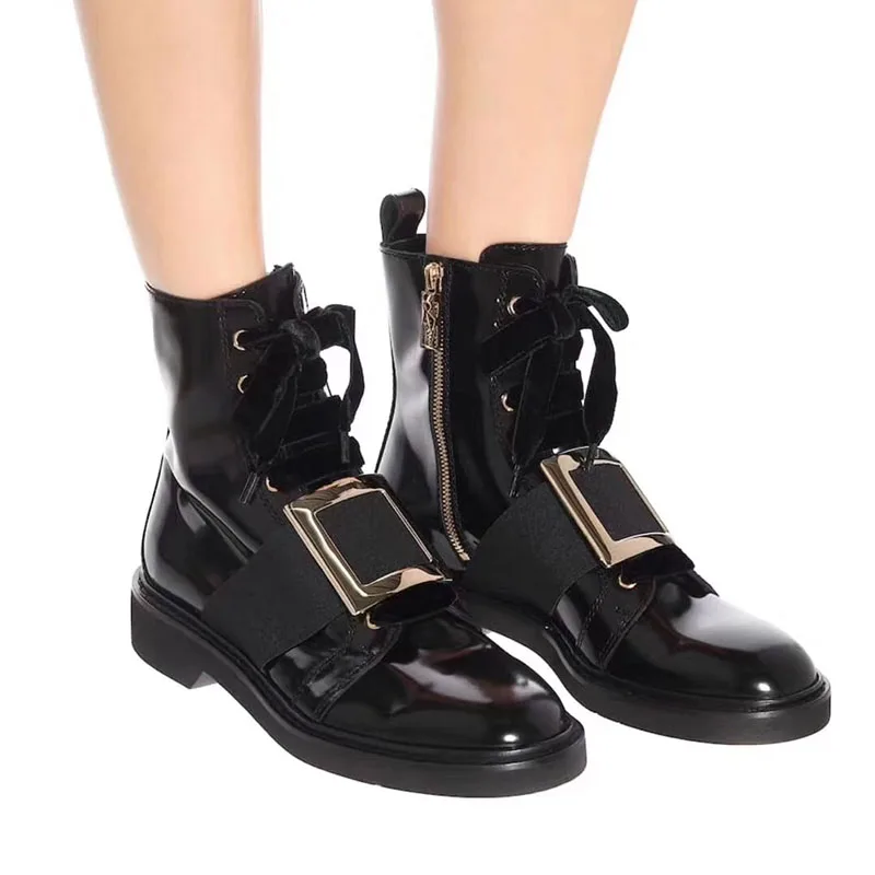 

2019 New Women Ankle Boots Casual Lace Up Rhinestone buckled booties Classic Comfort Thick Middle Heels Female Fashion Black
